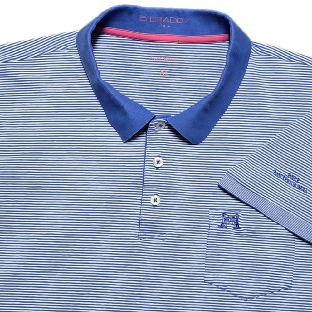 B. Draddy Polo‎ Shirt Mens XL Blue White Stripe Golf Performance Stretch EUC